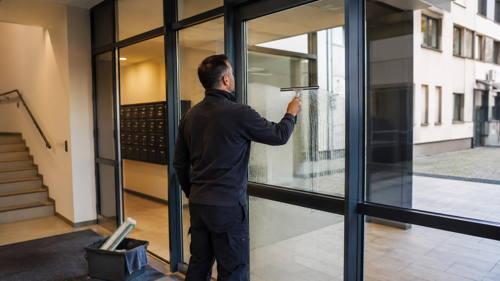 Fensterreinigung in einem modernen Hauseingang