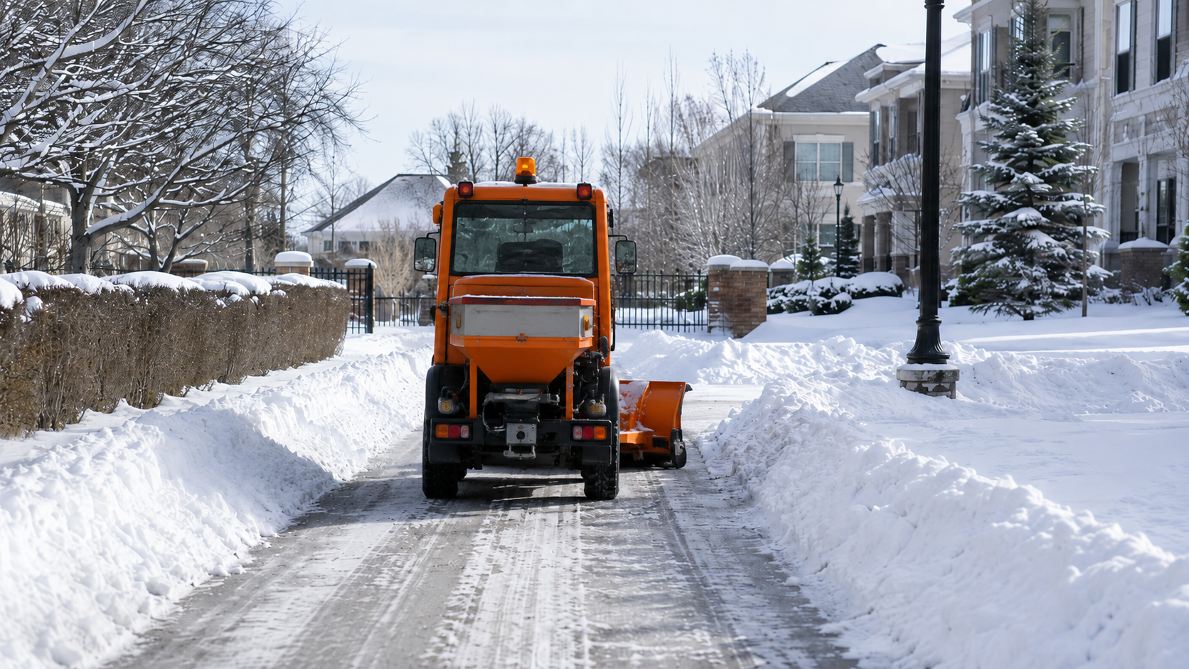Winterdienst mit Räumfahrzeug an einer Wohnanlage